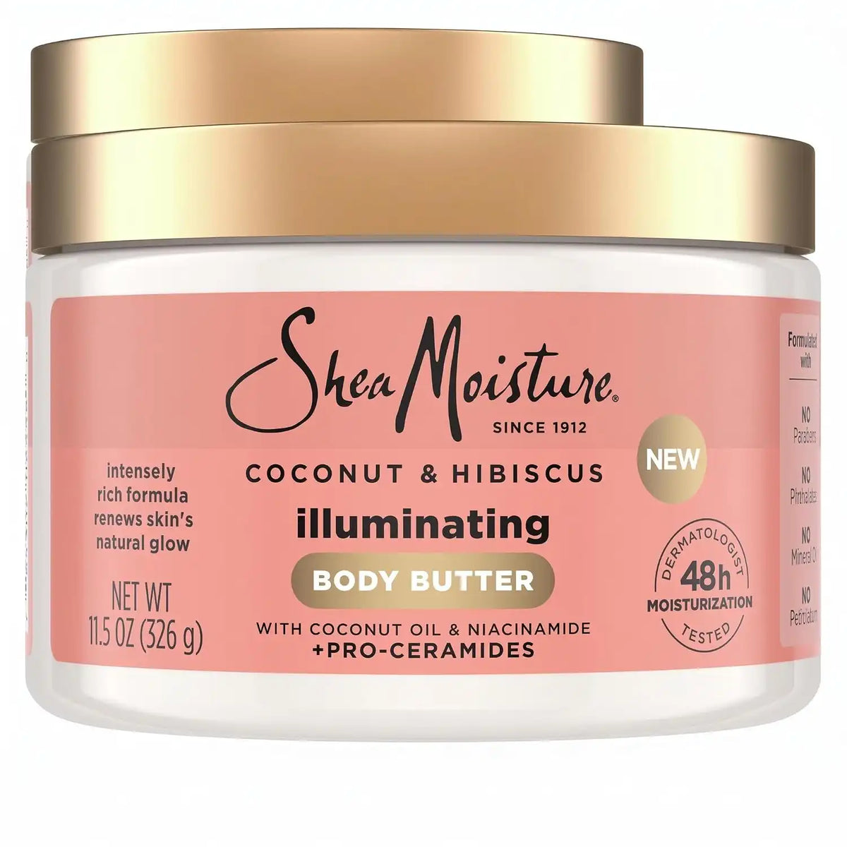 SheaMoisture Illuminating Body Butter with Coconut & Hibiscus, Niacinamide and Pro-Ceramides, Renewing Skin’s Natural Glow, 48H Moisturizing 11.5 oz,(Pack of 2)