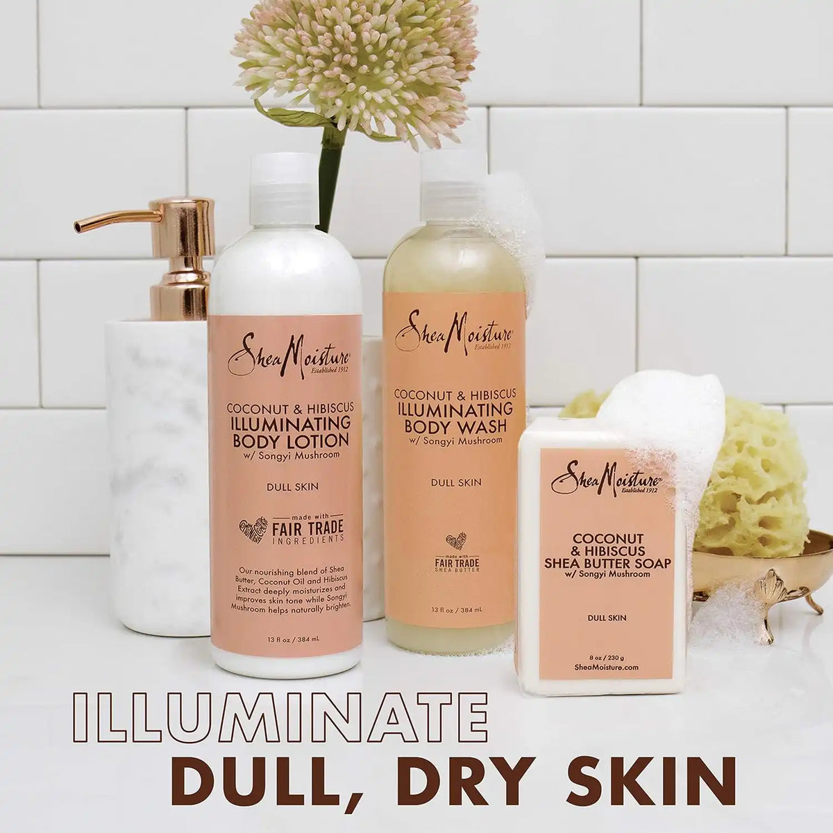 SheaMoisture Bath and Body Kit for Dry Skin Coconut and Hibiscus Illuminating Skin Care, 3 Count