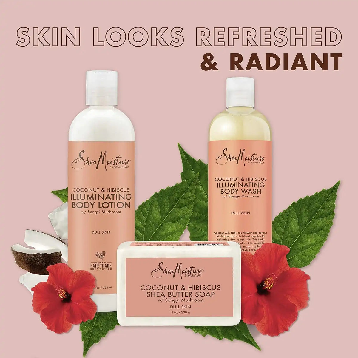 SheaMoisture Bath and Body Kit for Dry Skin Coconut and Hibiscus Illuminating Skin Care, 3 Count