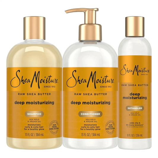 SheaMoisture Deep Moisturizing Hair Care 3 Count Raw Shea Butter For Curly, Dry and Damaged Hair Sulfate Free Shampoo and Conditioner, Hair Detangler with Sea Kelp and Argan Oil